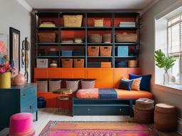 The storage room showcases maximalist interior design with organized bins, bold colors, and eclectic decor that maximize efficiency while adding character to the space.  