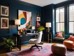 The home office exemplifies maximalist interior design, featuring an array of art, bold colors, and layered textures that create a stimulating environment for productivity and creativity.  