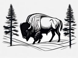 Bison and pine trees ink. Forest-dwelling giant.  minimal color tattoo design