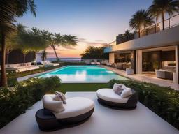 The pool area embraces High Tech interior design with modern loungers, integrated technology, and sleek decor that create a refreshing atmosphere for summer enjoyment.  