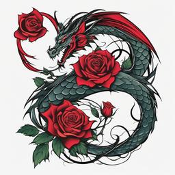 Dragon with Rose Tattoo - Tattoo featuring a dragon intertwined with a rose.  simple color tattoo,minimalist,white background