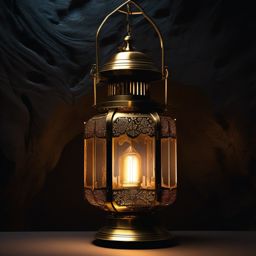 Antique brass lantern, its surface etched with intricate designs, illuminates depths of dark cave, revealing secrets hidden for centuries. hyperrealistic, intricately detailed, color depth,splash art, concept art, mid shot, sharp focus, dramatic, 2/3 face angle, side light, colorful background