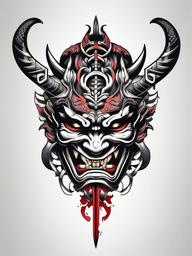 Oni Mask with Sword Tattoo - Features the Oni mask alongside a traditional Japanese sword in tattoo design.  simple color tattoo,white background,minimal