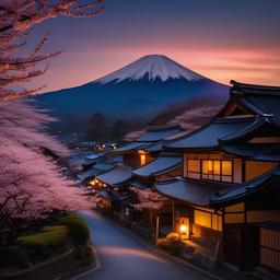 A peaceful Japanese village at dusk. Cherry blossoms are falling, and the sun is setting behind a mountain.