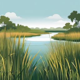 Marshy Waters clipart - A marshy area with tall grasses by the water., ,vector color clipart,minimal