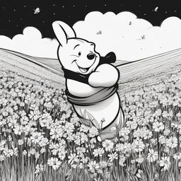 drawing of Winnie the Pooh in a flower field  minimal rough sketch scribbles,doodles,black and white