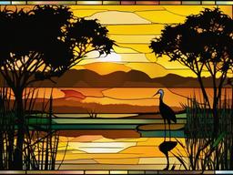 Stained Glass Stork - Stork in wetlands at sunset  