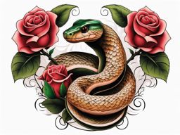 Snake with rose tattoo, Tattoos combining snake imagery with roses.  color, tattoo patterns, white clean background