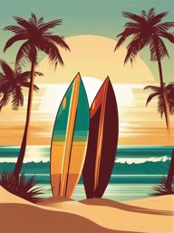 Surfboard and Palm Trees on a Beach at Sunrise Clipart - A surfboard and palm trees on a beach during a beautiful sunrise.  color vector clipart, minimal style