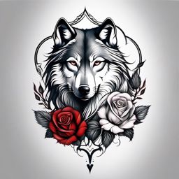 Rose and Wolf Tattoo,harmonious blend of a rose and a wolf, synthesis of beauty and strength. , tattoo design, white clean background