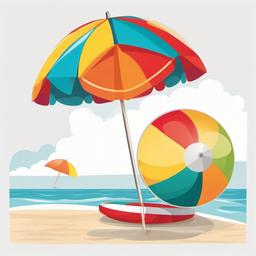 Beach ball next to a beach umbrella clipart.  vector style illustration, white background