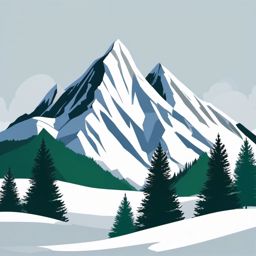 Mountain Clipart - Majestic mountain peaks covered in a blanket of snow and evergreen trees.  color clipart, minimalist, vector art, 