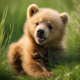 cuddly baby bear cub, playfully tumbling in the grass. 