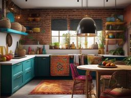 Artistic Bohemian Cooking Corner - Design an artistic bohemian corner with unique decor. , kitchen layout design ideas, multicoloured, photo realistic, hyper detail, high resolution,