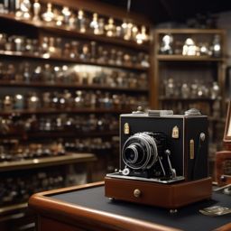 In a crowded pawn shop, a vintage camera captures moments of the past and future.  8k, hyper realistic, cinematic