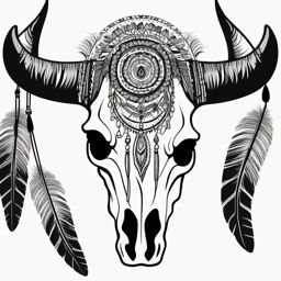 Bull skull adorned with feathers ink. Native American symbolism.  minimalist black white tattoo style