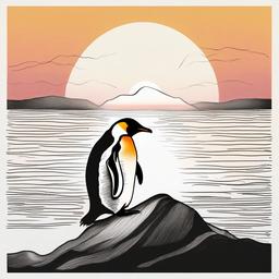 drawing of a penguin with a sunset backdrop  minimal rough sketch scribbles,doodles,black and white