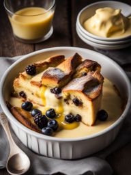 a warm and comforting bread and butter pudding, served with a drizzle of custard sauce. 