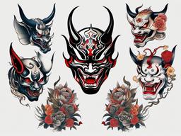 Hannya Tattoos - Various tattoo designs featuring the iconic Hannya mask, known for its expressive and emotive features.  simple color tattoo,white background,minimal