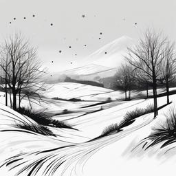 drawing of snowflakes with a winter landscape  minimal rough sketch scribbles,doodles,black and white