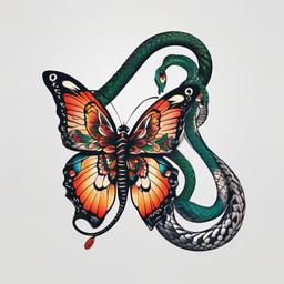 butterfly and snake tattoo  simple color tattoo,white background,minimal