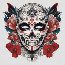 japanese death mask tattoo  simple color tattoo,white background,minimal