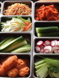 korean kimchi galore - a variety of kimchi, from the classic napa cabbage to radish and cucumber. 