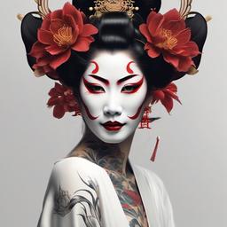 Hannya Geisha - A unique blend of the iconic Hannya mask and the elegance of a Geisha in tattoo art.  simple color tattoo,white background,minimal