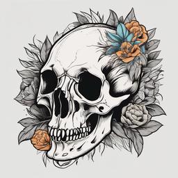 dinosaur skull tattoo with flowers  simple vector color tattoo
