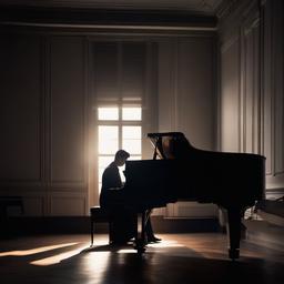 a person playing piano in a dark room, only a spot light focusing on him