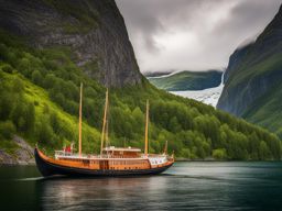 viking fjord, sailing through majestic norwegian fjords with steep cliffs and waterfalls. 