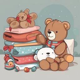 Teddy Bear clipart - teddy bear at a sleepover with other toys  color,minimalist,vector clipart