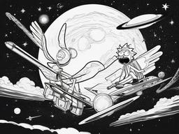 drawing of Rick and Morty flying through space  minimal rough sketch scribbles,doodles,black and white