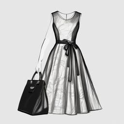 drawing of a dress with a matching bag  minimal rough sketch scribbles,doodles,black and white