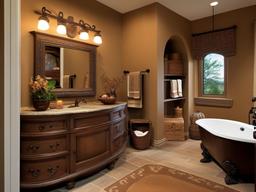 Tuscan small bathroom showcases warm earth tones, rustic wooden shelves, and decorative accents that evoke the charm of an Italian villa.  