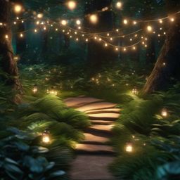 Enchanted forest with fairy lights top view, photo realistic background, hyper detail, high resolution
