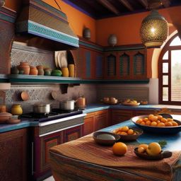 Moroccan Culinary Retreat - Transport your kitchen to the enchanting world of Morocco. , kitchen layout design ideas, multicoloured, photo realistic, hyper detail, high resolution,