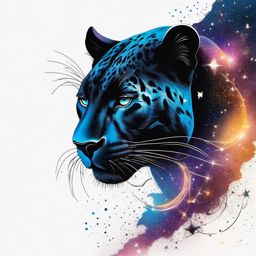 Panther with cosmic constellations ink. Celestial wildlife connection.  color tattoo, white background