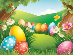 easter clip art: hiding colorful eggs in a blooming garden. 