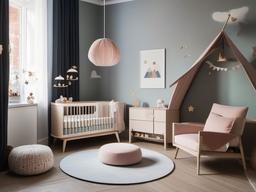 The nursery features surrealist interior design with soft textiles, playful decor, and dreamlike accents that create a charming and imaginative space for the baby.  