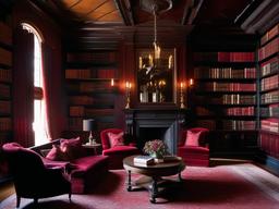 Gothic library offers a moody, dramatic setting with its dark mahogany bookshelves, red velvet drapery, and intricate wrought iron sconces, capturing a sense of historic grandeur.  