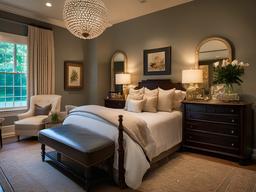 The master bedroom embraces vintage interior design with a luxurious quilt, antique dressers, and romantic lighting that creates a peaceful haven for restful nights.  