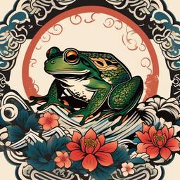 Frog Japanese Tattoo-Intricate and artistic tattoo featuring a frog in a Japanese style, capturing elements of traditional Japanese art.  simple color vector tattoo