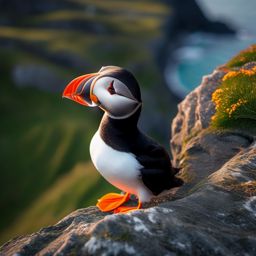 Cute Puffin Nesting on a Rugged Cliff 8k, cinematic, vivid colors