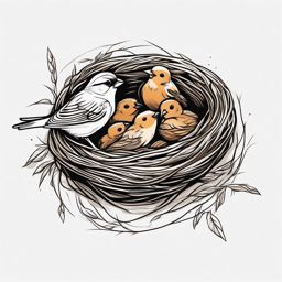 Sparrow Tattoo - Sparrow feeding its chicks in a cozy nest  few color tattoo design, simple line art, design clean white background