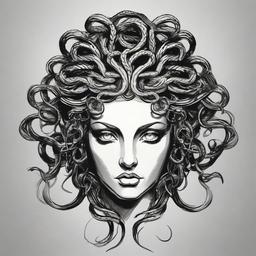 drawing of Medusa with glowing eyes  minimal rough sketch scribbles,doodles,black and white