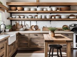 rustic farmhouse kitchen with open wooden shelving and a farmhouse sink. 