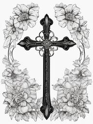 drawing of a cross with flowers  minimal rough sketch scribbles,doodles,black and white