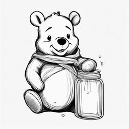 drawing of Winnie the Pooh holding a jar of honey  minimal rough sketch scribbles,doodles,black and white