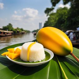 mango sticky rice, a thai delicacy, savored by the tranquil banks of the chao phraya river. 